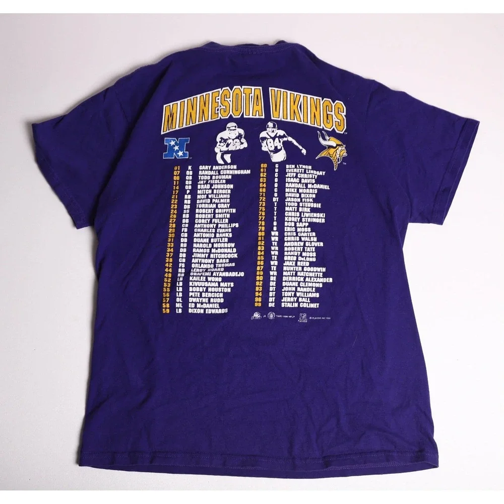 Vintage 1998 Minnesota Vikings Tultex Roster T-Shirt Purple Large Randy Moss NFL